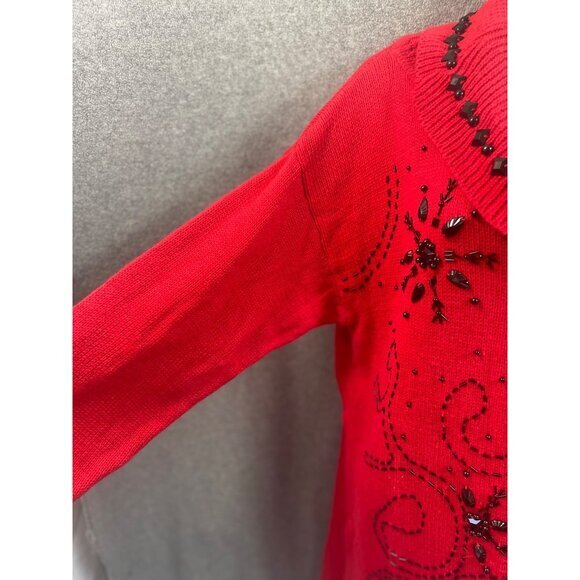 Red Beaded Snowflake Embellished Tunic Sweater Holiday Party - Picture 5 of 13